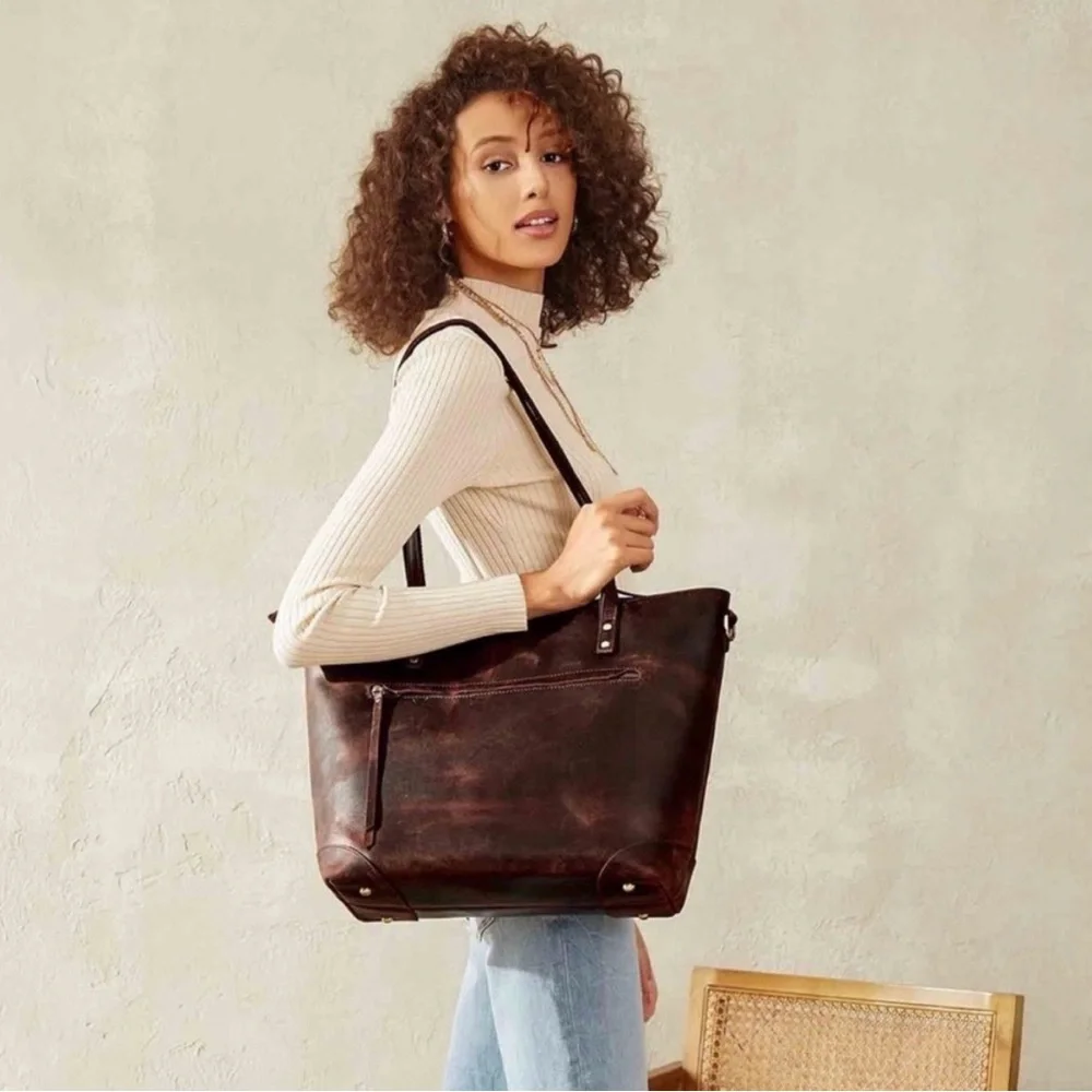 S-Zone Distressed Leather Tote Bag Brown Laptop Work Bag + Card Holder - Picture 1 of 13